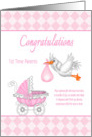 Congratulations 1st Time Parents - Stork with Baby, Baby Carriage card