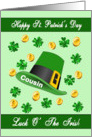 St. Patrick’s Day for Cousin- Leprechaun Hat, Shamrocks, Gold Coin card