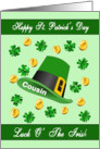 St. Patrick’s Day for Cousin- Leprechaun Hat, Shamrocks, Gold Coin card