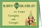 Custom Name & Age Twins Birthday - Monkey, Cake, Balloon card