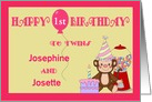 Custom Name & Age Twins Birthday for Girls- Monkey, Cake, Balloon card