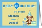 Custom Name & Age Twins Birthday for Boys - Monkey, Cake, Balloon card