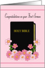 Congratulations on First Sermon (Female) - Bible and Flowers card