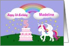 Custom Unicorn & Rainbow 5th Birthday -Unicorn, Rainbow, Cake, Stars card