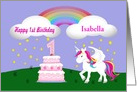 Custom Unicorn & Rainbow 1st Birthday -Unicorn, Rainbow, Cake, Stars card