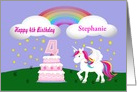 Custom Unicorn & Rainbow 4th Birthday -Unicorn, Rainbow, Cake, Stars card