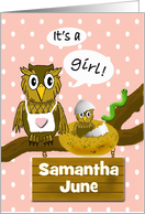 Baby Girl Announcement - Custom Name, Owls card