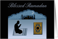 Blessed Ramadan Blank Card - Cresent Moon, Praying Man & Mosque card