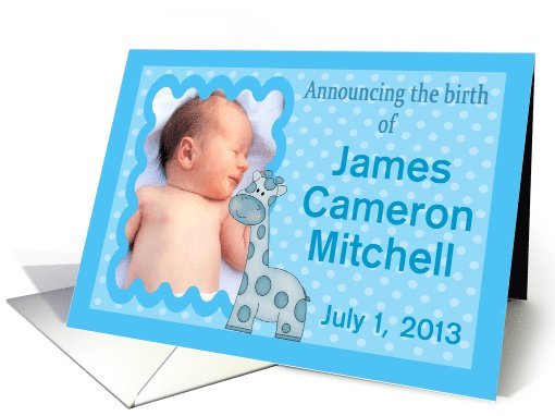 Custom Baby Boy Birth Announcment Photo Card - Giraffe &... (1126428)