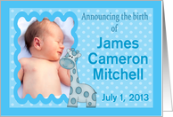 Custom Baby Boy Birth Announcment Photo Card - Giraffe & Polka Dots card