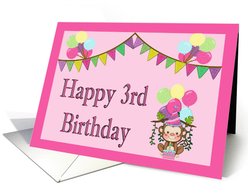 Happy 3rd Birthday - Monkey, Balloons, Pennants card (1134088)