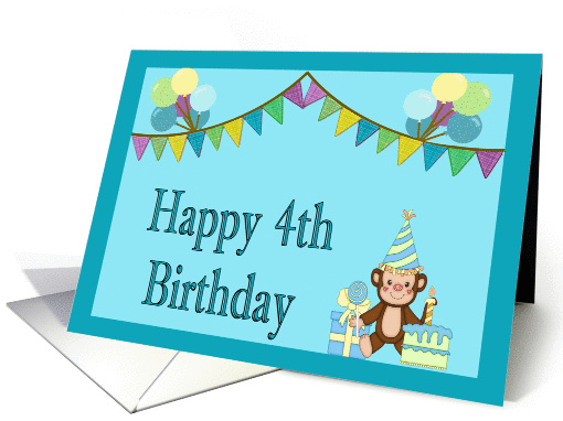 Happy 4th Birthday - Monkey, Balloons, Pennants card (1134136)