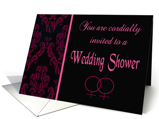 Lesbian Wedding Shower Invitation - Black & Pink Damask card (1141236)
