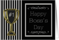 Happy Boss’s Day - Grey & Black Pinstripes & Trophy card