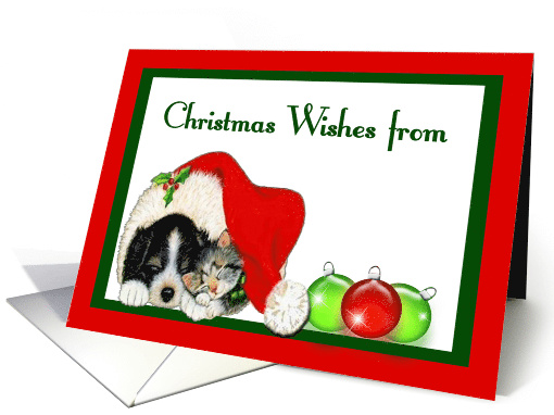 Christmas Wishes - Sleeping Puppy & Kitten, Santa Hat card