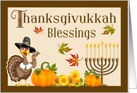 Thanksgivukkah Blessings - Turkey Pilgrim, Pumpkins & Menorah card