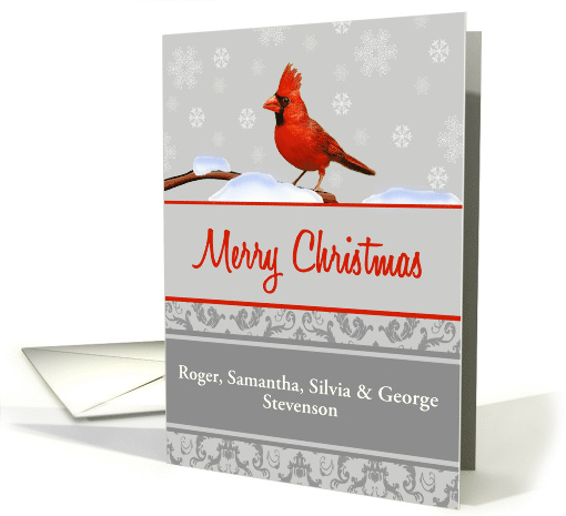 Custom Front Christmas Card - Cardinal, Snowflakes & Damask card
