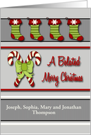 Custom Front Belated Christmas Card - Candy Canes & Stockings card