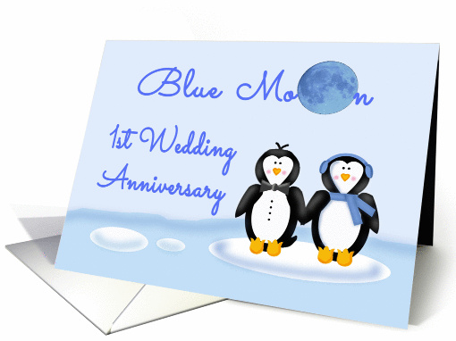 Blue Moon 1st Wedding Anniversary, Moon & Penguin Couple card