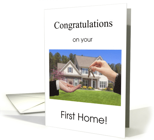 First Home Congratulations Card with keys, hands and a house card