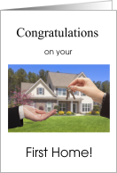 First Home Congratulations Card with keys, hands and a house card