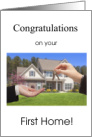 First Home Congratulations Card with keys, hands and a house card
