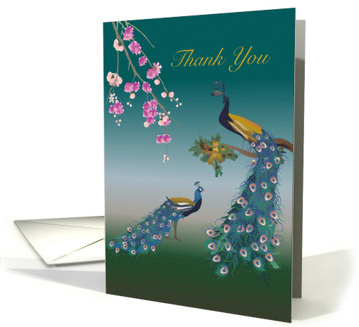 Colorful Peacock & Pink Flowers Wedding Thank You card (1258340)