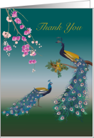 Colorful Peacock & Pink Flowers Wedding Thank You Card