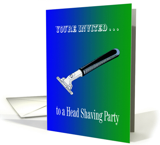 Cancer Head Shaving Party Invitation - Blues, greens and a razor card
