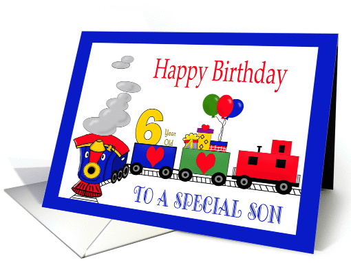 6 Year Old Birthday For Son -Train, Number, Balloons, Presents card
