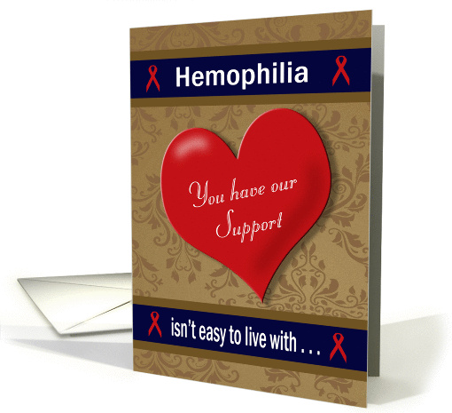 Hemophilia Encouragement - Large Heart, Red Ribbons, Damask card