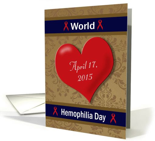 World Hemophilia Day - Large Heart, Red Ribbons, Damask card (1357972)