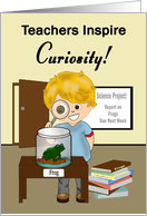 Teacher Thank You - Boy with Magnifying Glass, Frog in a Jar, Books card