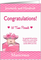 Custom 1st Time Parents Congratulations - Baby in a Box, Pink Accents card