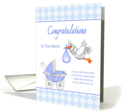 Congratulations 1st Time Parents - Stork with Baby, Baby Carriage card