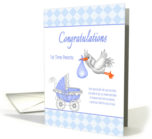 Congratulations 1st Time Parents - Stork with Baby, Baby Carriage card