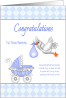 Congratulations 1st Time Parents - Stork with Baby, Baby Carriage card