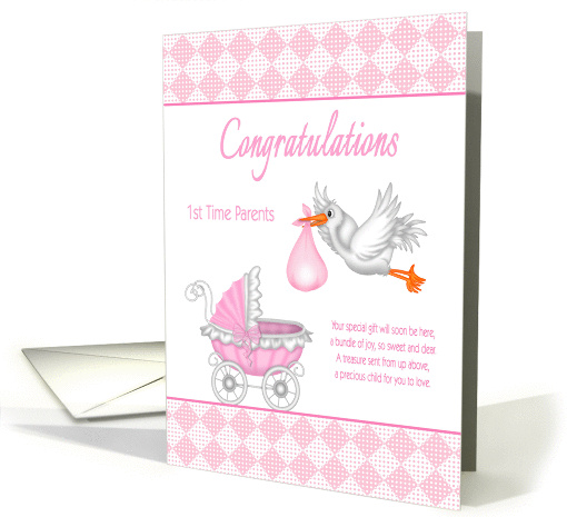 Congratulations 1st Time Parents - Stork with Baby, Baby Carriage card