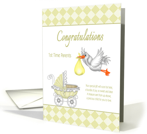 Congratulations 1st Time Parents - Stork with Baby, Baby Carriage card