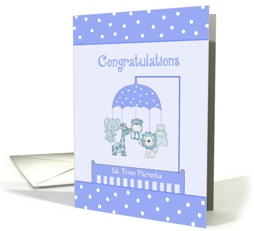 Congratulations 1st Time Parents - Blue Animal Mobile, Polka Dots card