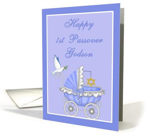Godson 1st Passover - Baby Carriage, Star of David, Dove card