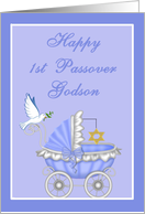 Godson 1st Passover - Baby Carriage, Star of David, Dove card