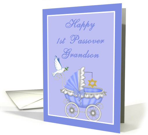 Grandson 1st Passover - Baby Carriage, Star of David, Dove card