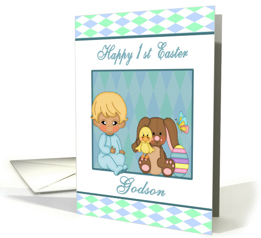 1st Easter Godson - Baby Boy, Bunny, Duck, Easter Egg card (1363608)