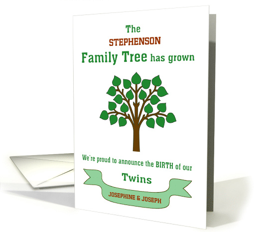 Custom Genealogy Birth Announcement for Twins | Family Tree card