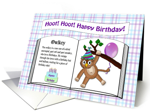 Funny Animal Birthday - Owlkey, book, balloon & birthday cake card