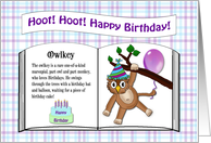 Funny Animal Birthday - Owlkey, book, balloon & birthday cake card