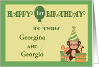 Custom Name & Age Twins Birthday - Monkey, Cake, Balloon card