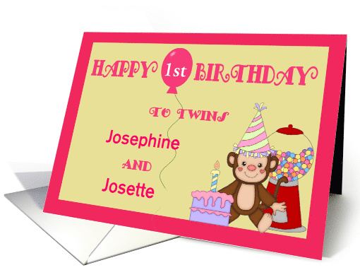 Custom Name & Age Twins Birthday for Girls- Monkey, Cake, Balloon card