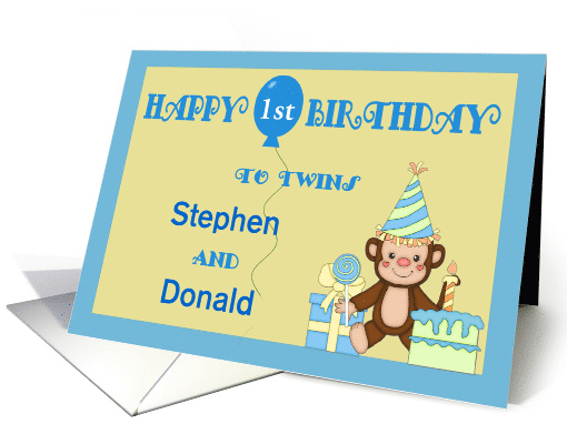 Custom Name & Age Twins Birthday for Boys - Monkey, Cake, Balloon card